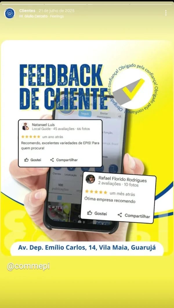 Feedbacks de clientes publicados pela COMMEPI